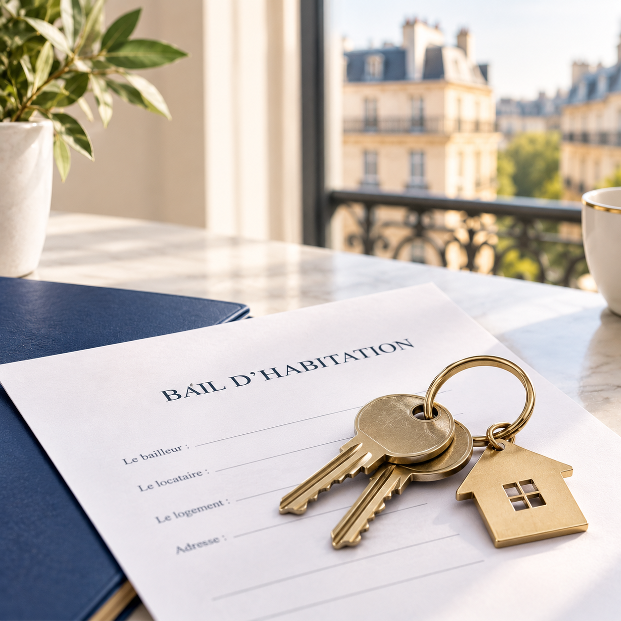 French residential lease and apartment keys on a table, with a Haussmann building in the background