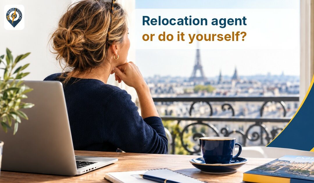 Woman at her desk looking out over Paris and the Eiffel Tower, thinking about her relocation