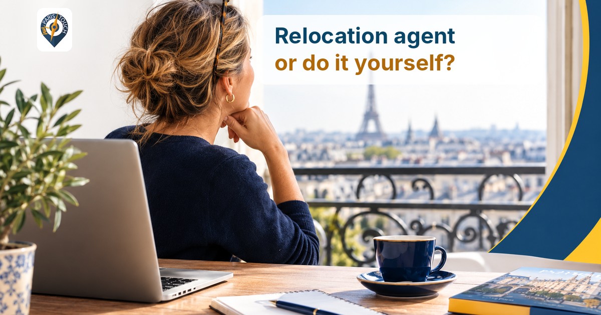 Woman at her desk looking out over Paris and the Eiffel Tower, thinking about her relocation