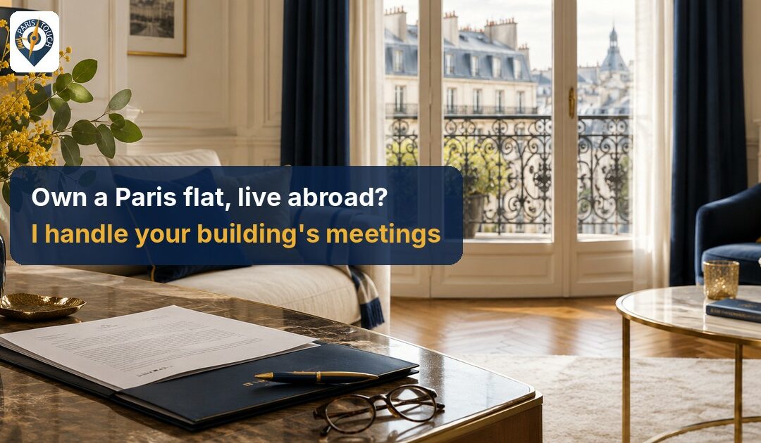 Paris apartment living room with a signed document, pen and glasses on a marble table, balcony view over Paris rooftops