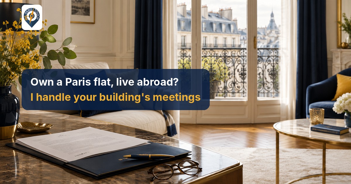 Paris apartment living room with a signed document, pen and glasses on a marble table, balcony view over Paris rooftops