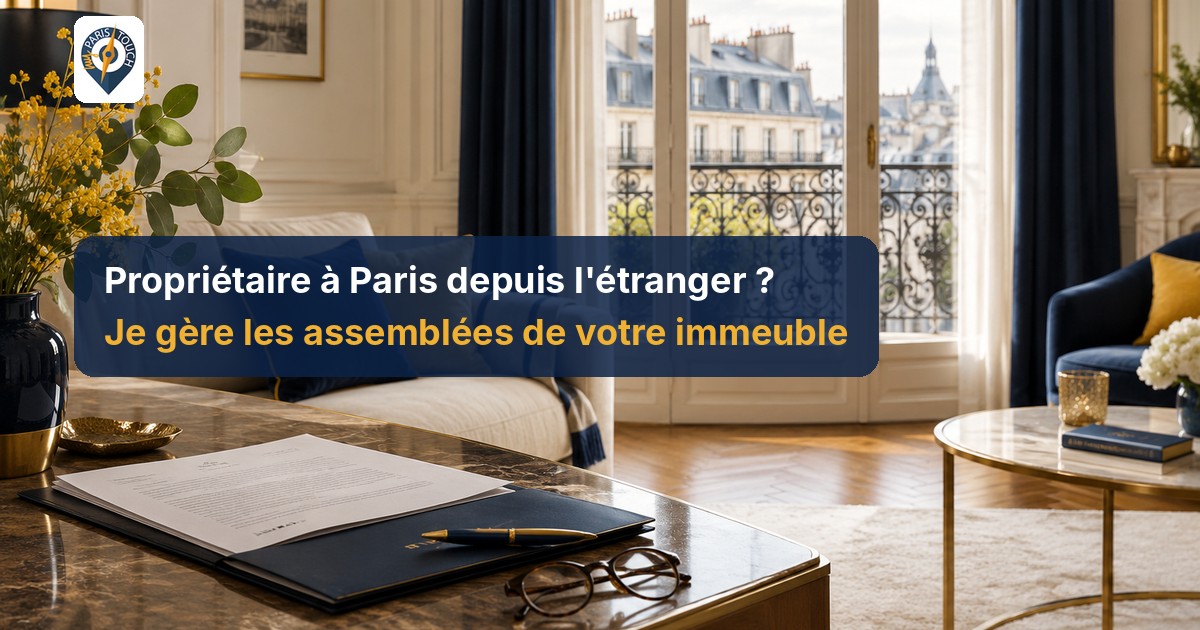Salon parisien avec un document signé, un stylo et des lunettes sur une table en marbre, balcon sur les toits de Paris