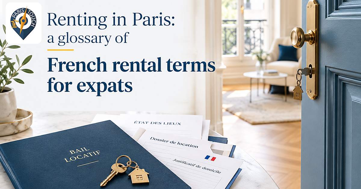 Open blue door onto a bright Paris apartment, with a rental lease folder, a condition report and a key on a table