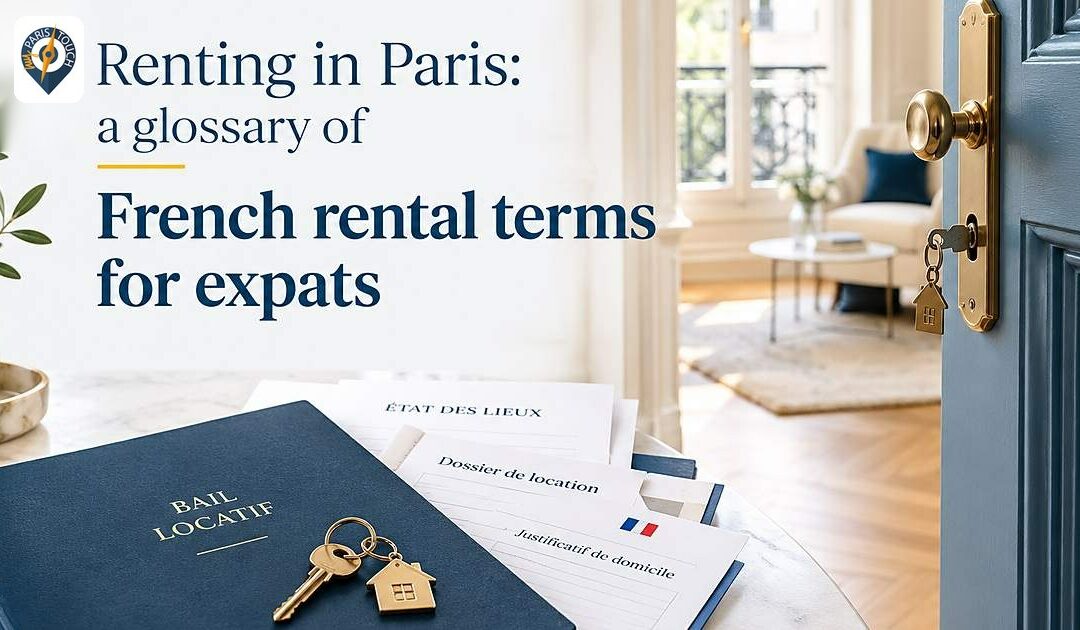 Open blue door onto a bright Paris apartment, with a rental lease folder, a condition report and a key on a table