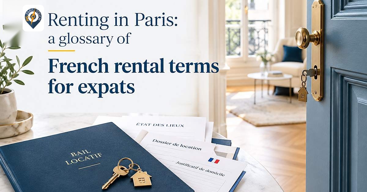 Open blue door onto a bright Paris apartment, with a rental lease folder, a condition report and a key on a table